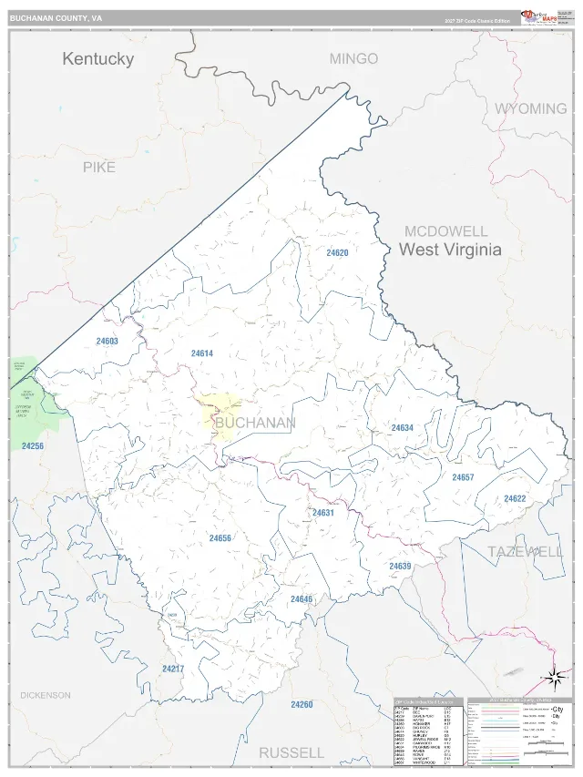 Buchanan County, VA ZIP Code Wall Map, Classic style