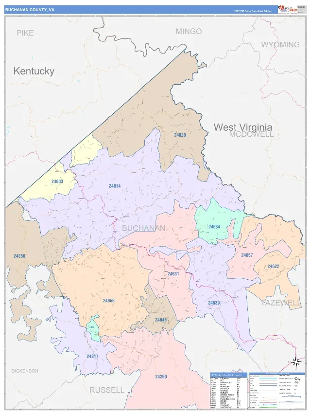 Buchanan County, VA ZIP Code Wall Map, ColorCast style
