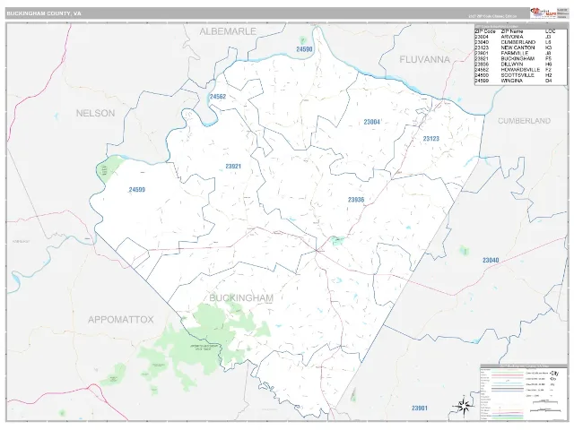 Buckingham County, VA ZIP Code Wall Map, Classic style