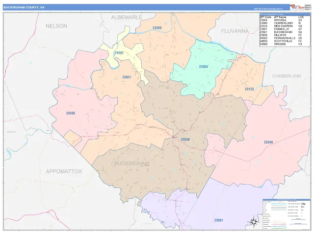 Buckingham County, VA ZIP Code Wall Map, ColorCast style