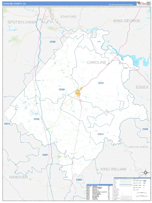 Caroline County, VA ZIP Code Wall Map, Business Reference style