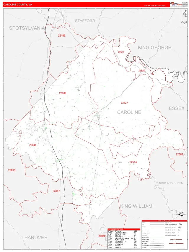 Caroline County, VA ZIP Code Wall Map, RedLine style