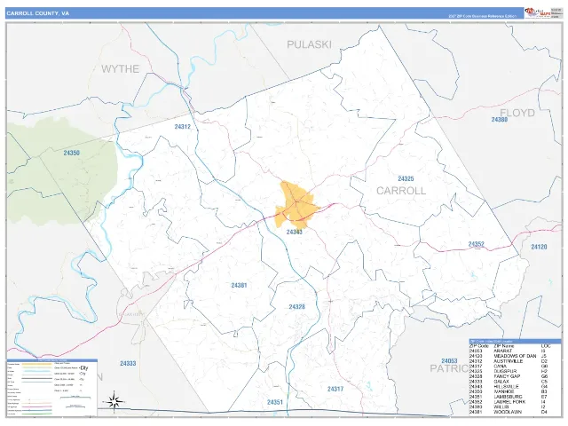 Carroll County, VA ZIP Code Wall Map, Business Reference style