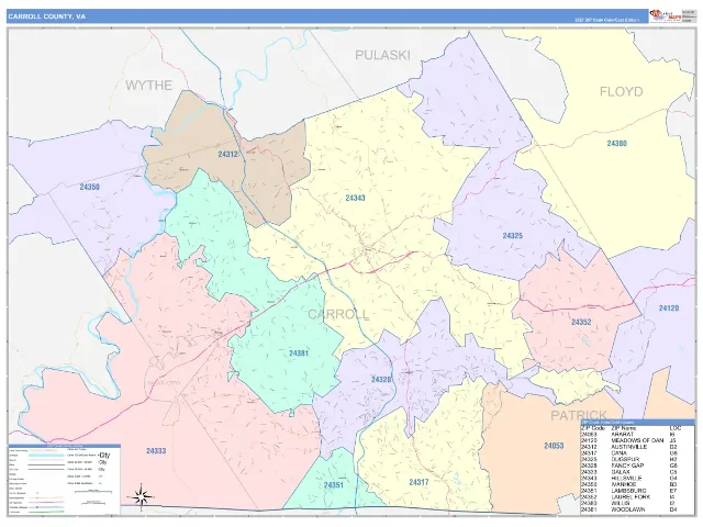 Carroll County, VA ZIP Code Wall Map, ColorCast style