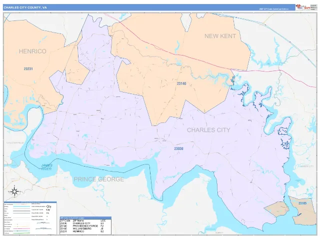 Charles City County, VA ZIP Code Wall Map, ColorCast style