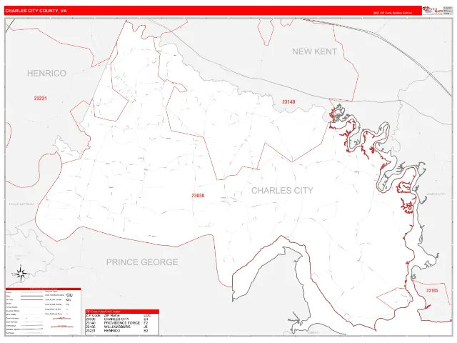 Charles City County, VA ZIP Code Wall Map, RedLine style