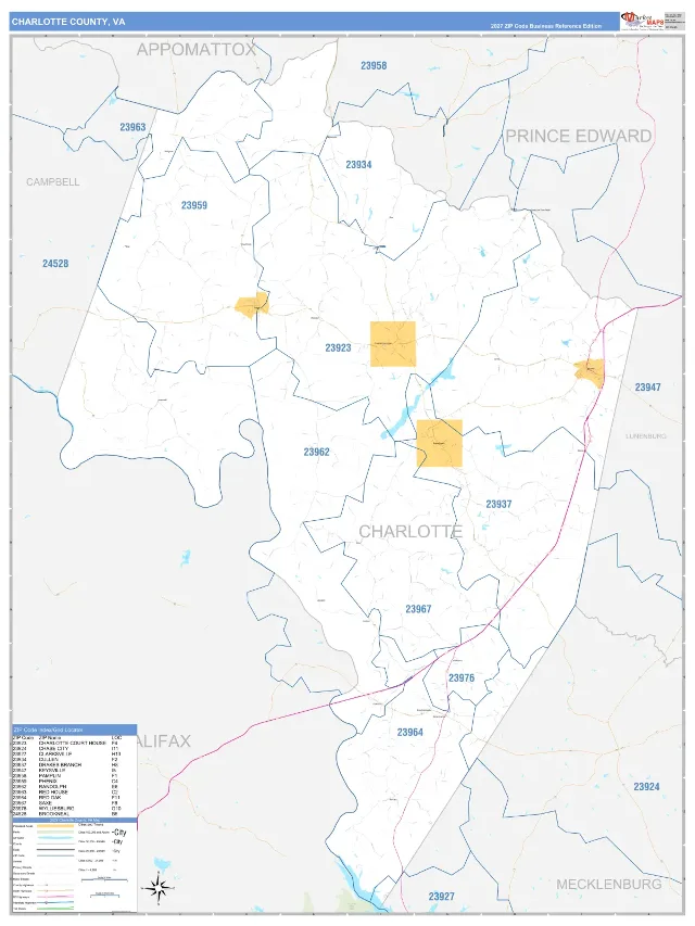 Charlotte County, VA ZIP Code Wall Map, Business Reference style