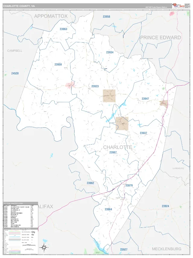 Charlotte County, VA ZIP Code Wall Map, Classic style