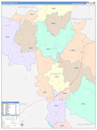Charlotte County, VA ColorCast style ZIP Code wall map