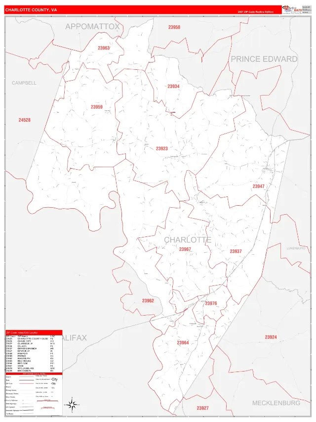 Charlotte County, VA ZIP Code Wall Map, RedLine style