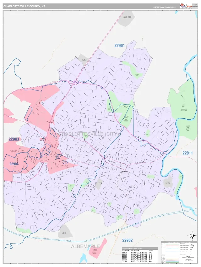 Charlottesville County, VA ZIP Code Wall Map, Classic style
