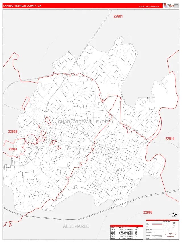 Charlottesville County, VA ZIP Code Wall Map, RedLine style