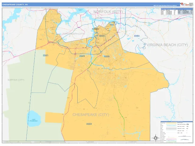 Chesapeake County, VA ZIP Code Wall Map, Business Reference style