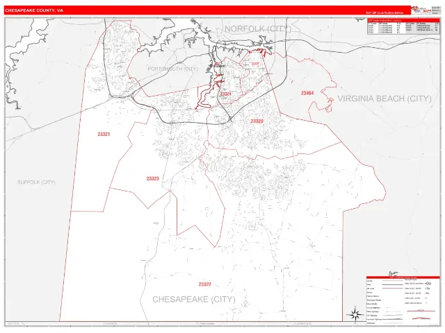 Chesapeake County, VA ZIP Code Wall Map, RedLine style