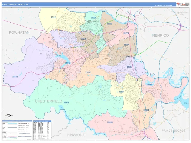 Chesterfield County, VA ZIP Code Wall Map, ColorCast style