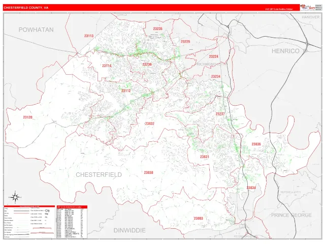 Chesterfield County, VA ZIP Code Wall Map, RedLine style