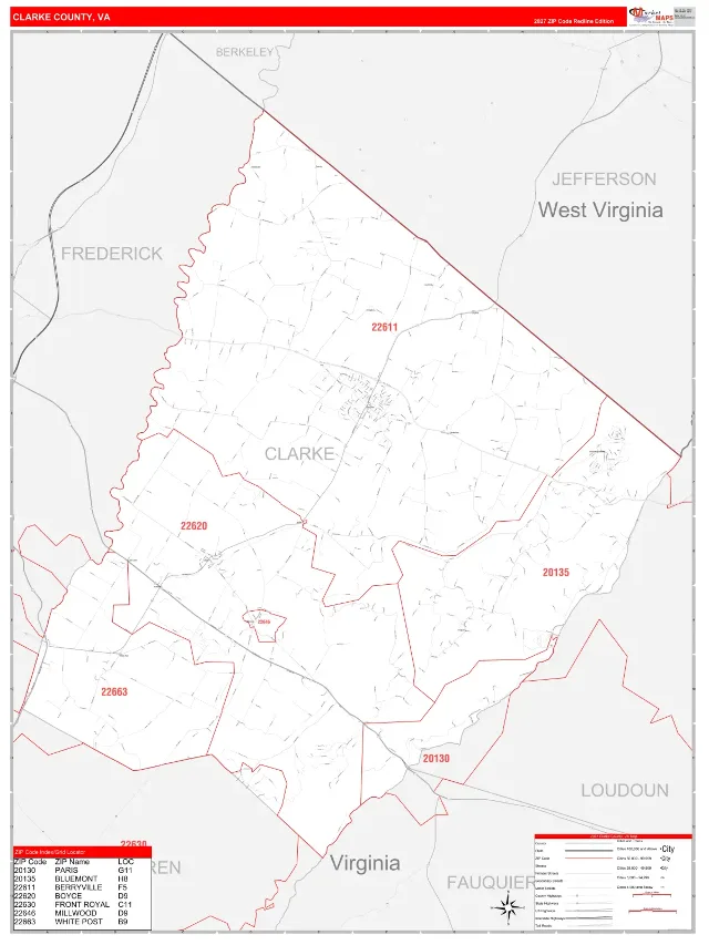Clarke County, VA ZIP Code Wall Map, RedLine style