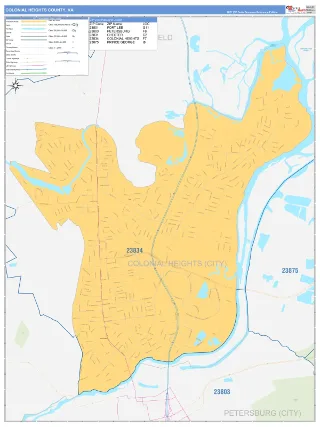 Colonial Heights County, VA Business Reference style ZIP Code wall map