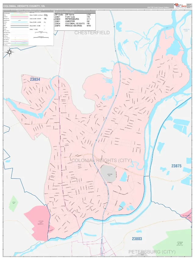 Colonial Heights County, VA ZIP Code Wall Map, Classic style