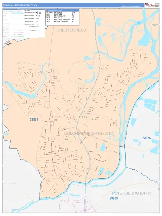 Colonial Heights County, VA ColorCast style ZIP Code wall map