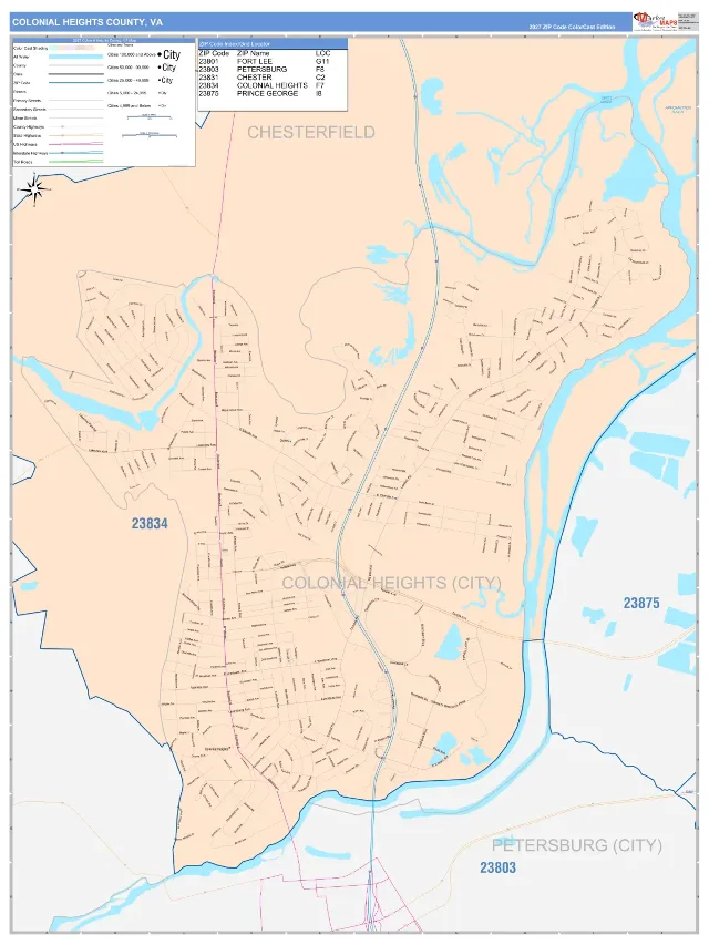Colonial Heights County, VA ZIP Code Wall Map, ColorCast style