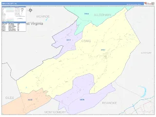 Craig County, VA ColorCast style ZIP Code wall map