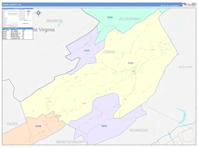 Craig County, VA ZIP Code Wall Map, ColorCast style