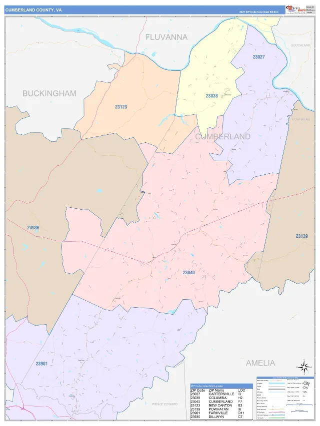 Cumberland County, VA ZIP Code Wall Map, ColorCast style