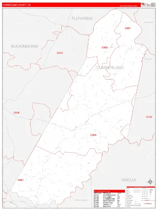 Cumberland County, VA RedLine style ZIP Code wall map