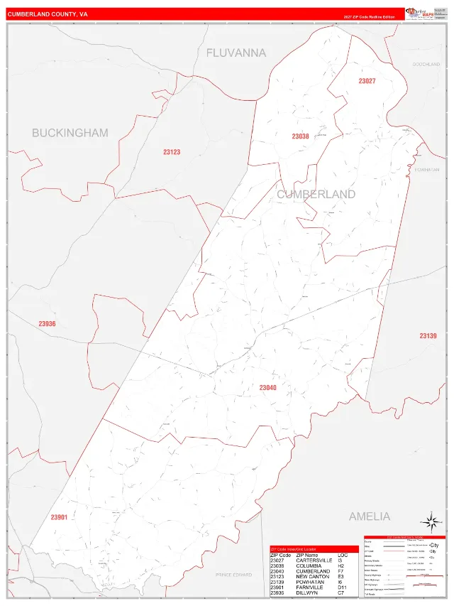 Cumberland County, VA ZIP Code Wall Map, RedLine style