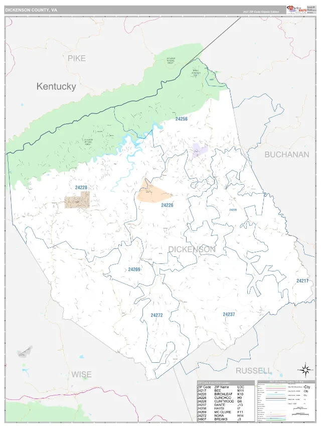 Dickenson County, VA ZIP Code Wall Map, Classic style