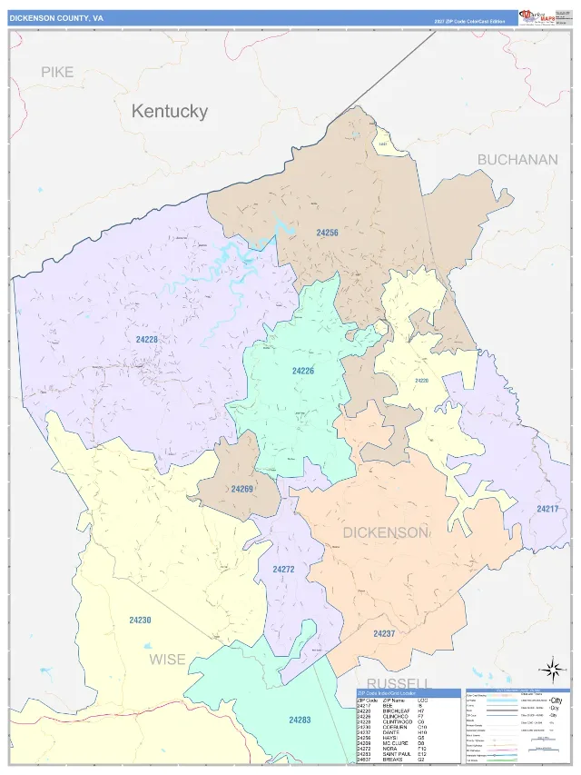 Dickenson County, VA ZIP Code Wall Map, ColorCast style