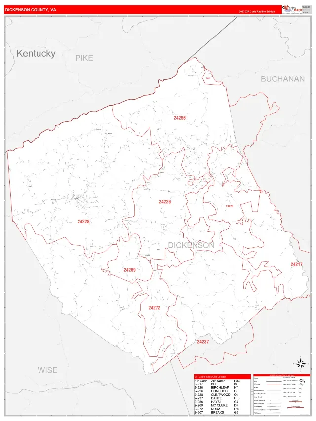 Dickenson County, VA ZIP Code Wall Map, RedLine style