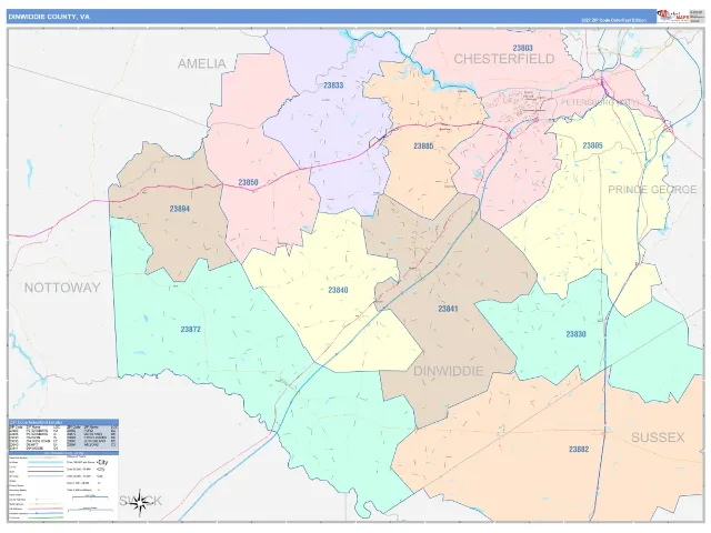 Dinwiddie County, VA ZIP Code Wall Map, ColorCast style