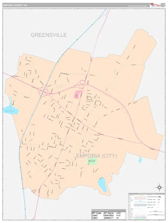 Emporia County, VA ZIP Code Wall Map, Classic style