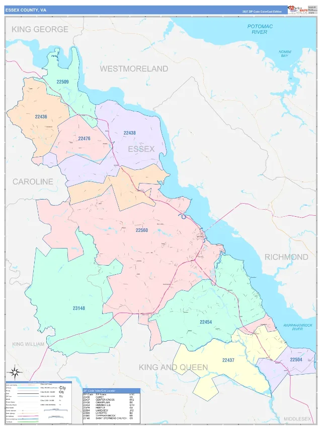 Essex County, VA ZIP Code Wall Map, ColorCast style