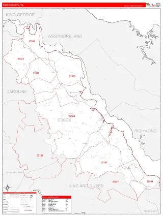 Essex County, VA RedLine style ZIP Code wall map