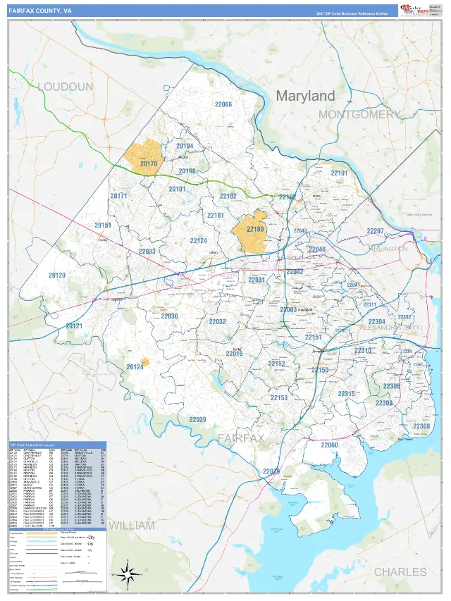 Fairfax County, VA ZIP Code Wall Map, Business Reference style