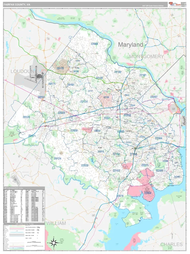 Fairfax County, VA ZIP Code Wall Map, Classic style