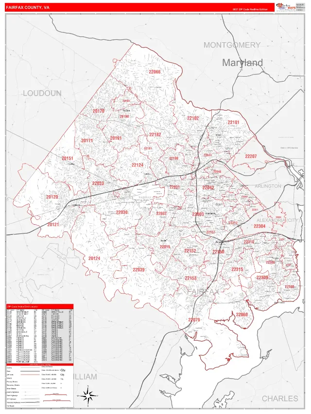 Fairfax County, VA ZIP Code Wall Map, RedLine style