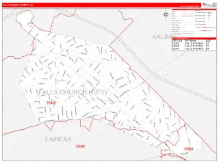 Falls Church County, VA RedLine style ZIP Code wall map