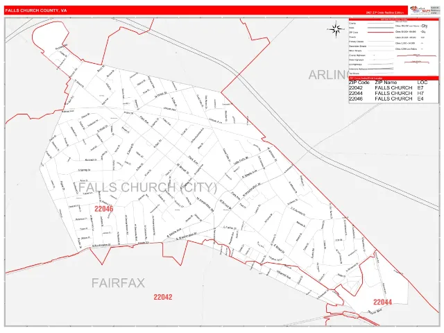 Falls Church County, VA ZIP Code Wall Map, RedLine style