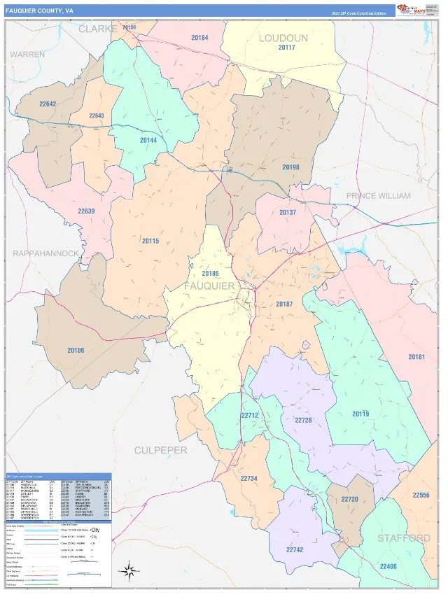 Fauquier County, VA ZIP Code Wall Map, ColorCast style