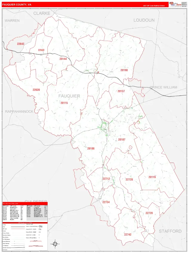 Fauquier County, VA ZIP Code Wall Map, RedLine style