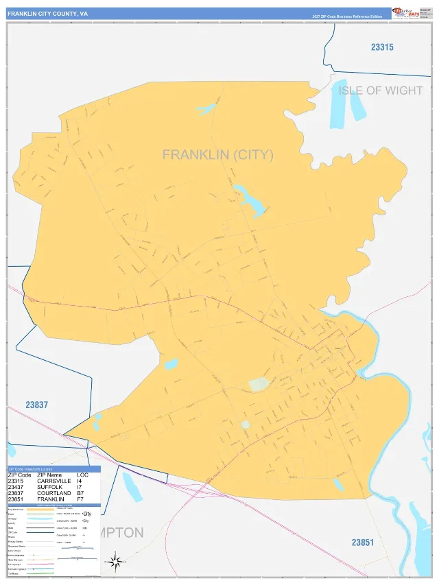 Franklin City County, VA ZIP Code Wall Map, Business Reference style