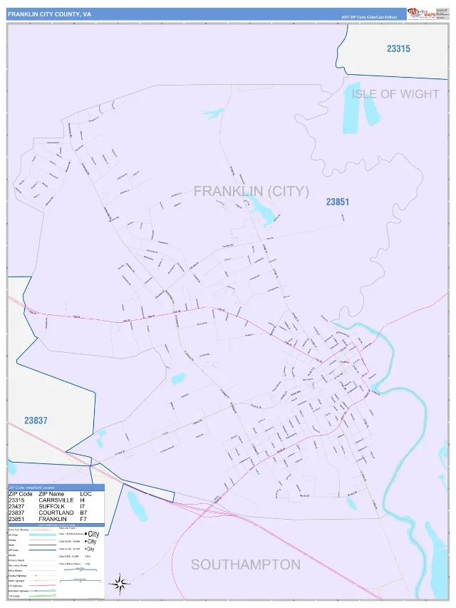 Franklin City County, VA ZIP Code Wall Map, ColorCast style