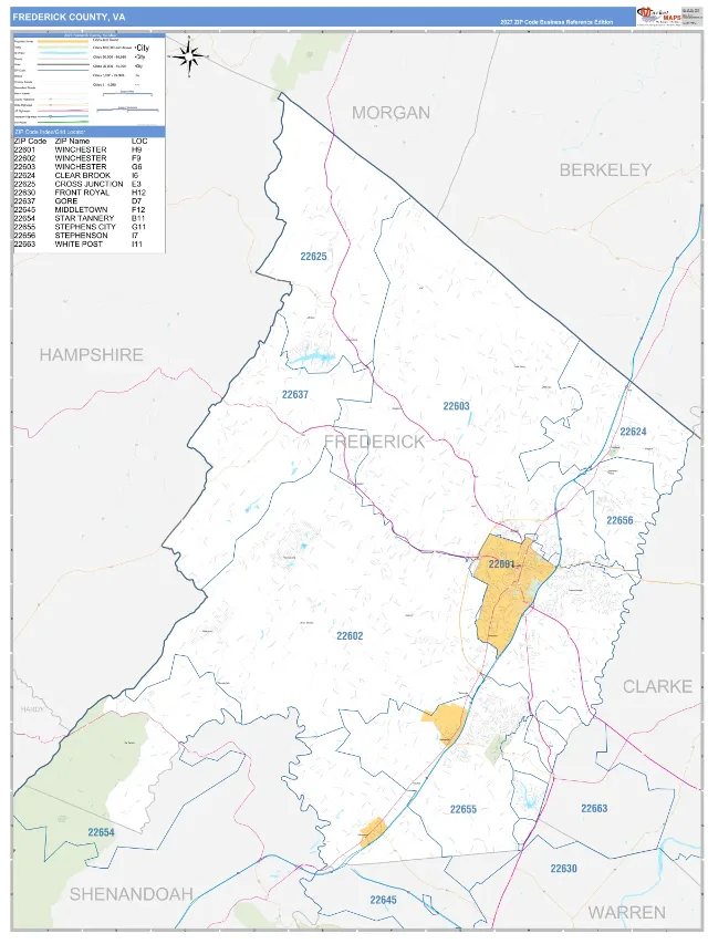Frederick County, VA ZIP Code Wall Map, Business Reference style