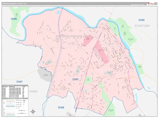 Fredericksburg County, VA ZIP Code Wall Map, Classic style