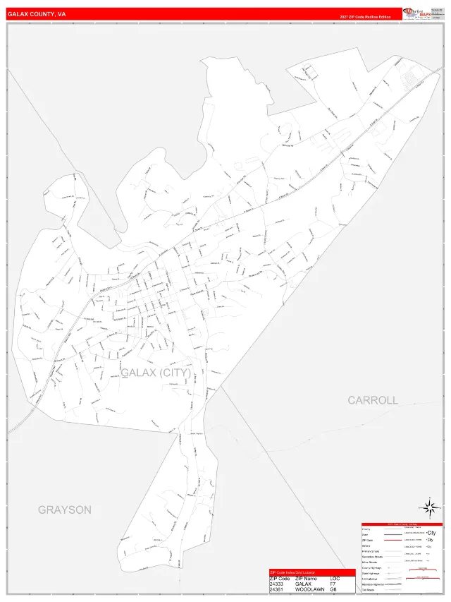 Galax County, VA ZIP Code Wall Map, RedLine style
