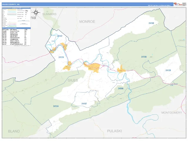 Giles County, VA ZIP Code Wall Map, Business Reference style